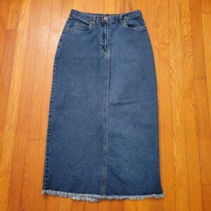 Vintage Bill Blass 8 High Waisted Denim Maxi Skirt Frayed Hem Modest